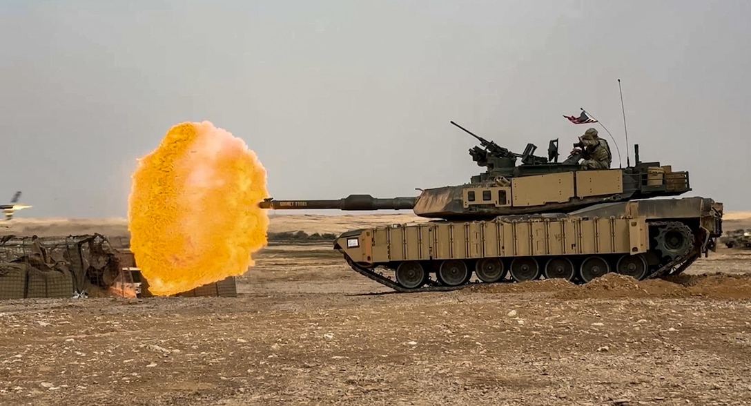 U.S. Army Soldiers assigned to Troop G, 2nd Squadron, 278th Armored Cavalry Regiment, Task Force Reaper fire a M1A2 Abrams tank within the U.S. Central Command's area of responsibility during the Friendship 25 exercise, Feb. 12, 2025. Exercises like Friendship 25 develop U.S. and Royal Saudi Land Forces service members and enable increased military capacity to address threats to regional security. (U.S. Army Photo by U.S. Army Photo by Maj. Matthew Madden)