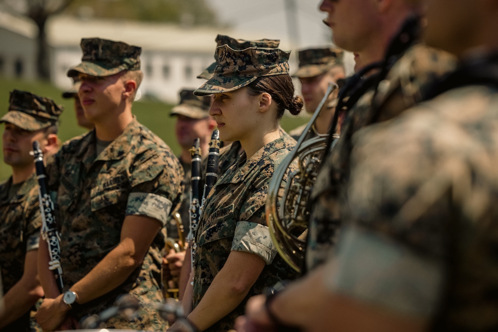 U.S. Marines assigned to Quantico Marine Corps Band perform at Butler Stadium on MCB Quantico, April 18, 2025. The band provides musical support that encourages community relations, enhances troop morale, and promotes the Marine Corps. (U.S. Marine Corps photo by Lance Cpl. Harleigh Faulk)