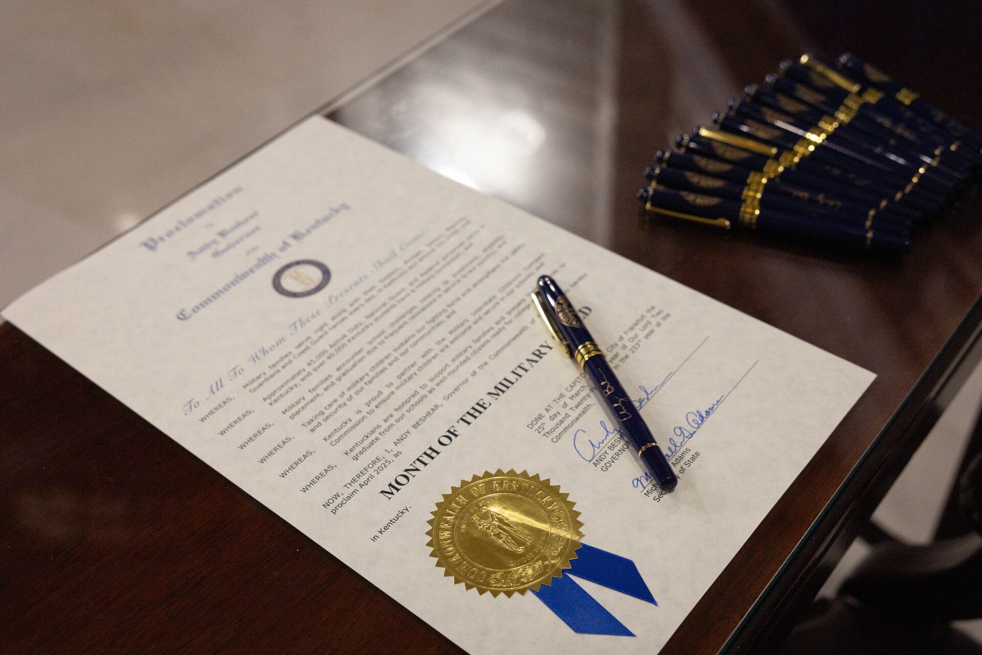The signed Commonwealth of Kentucky Proclamation for the Month of the Military Child at the Kentucky State Capitol Rotunda in Frankfort, Ky., on April 17, 2025.  Gov. Andy Beshear signed the official proclamation that April is the month of the military child to show appreciation for Service members’ families. (U.S. Army National Guard photo by Andy Dickson)