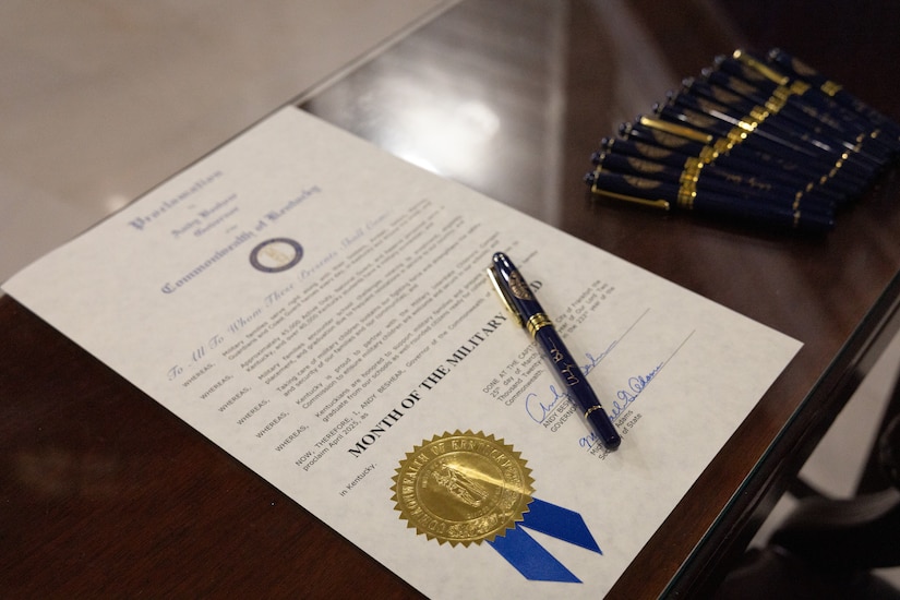 The signed Commonwealth of Kentucky Proclamation for the Month of the Military Child at the Kentucky State Capitol Rotunda in Frankfort, Ky., on April 17, 2025.  Gov. Andy Beshear signed the official proclamation that April is the month of the military child to show appreciation for Service members’ families. (U.S. Army National Guard photo by Andy Dickson)