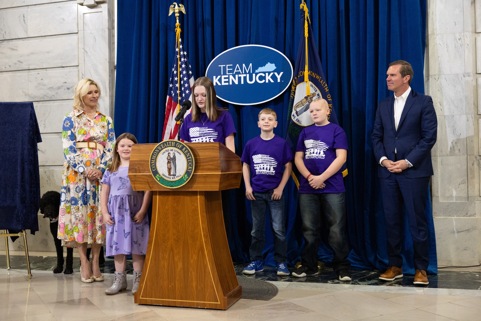 Children of Service members from Fort Campbell, Ky., talks about the Month of the Military Child at the Kentucky State Capitol Rotunda in Frankfort, Ky., on April 17, 2025.  Gov. Andy Beshear signed the official proclamation that April is the month of the military child to show appreciation for Service members’ families. (U.S. Army National Guard photo by Andy Dickson)