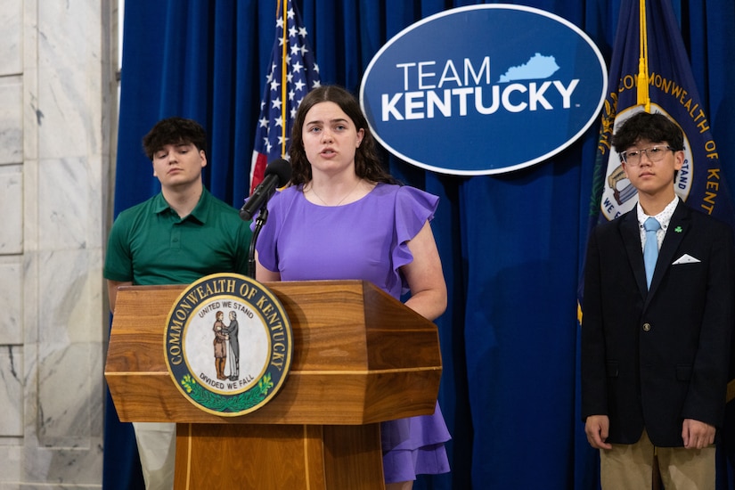 Ms. Madison Wertzler, daughter of U.S. Army Brig. Gen. Brian Wertzler, talks about the Month of the Military Child at the Kentucky State Capitol Rotunda in Frankfort, Ky., on April 17, 2025.  Gov. Andy Beshear signed the official proclamation that April is the month of the military child to show appreciation for Service members’ families. (U.S. Army National Guard photo by Andy Dickson)