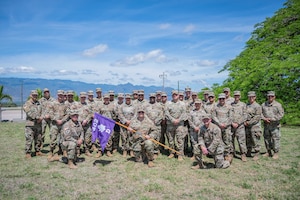 32 new Civil Affairs team members pose for a group photo prior to shipping to their operating locations.