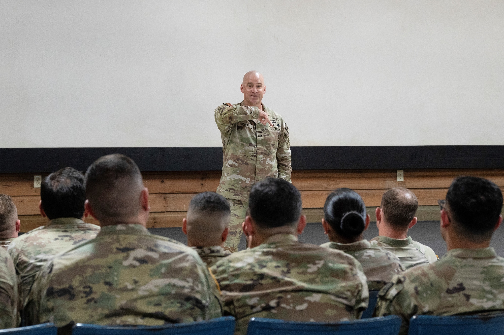 Col. Daniel Alder, Commander of Joint Task Force Bravo in Soto Cano AB, Honduras, stands before the new CA team members sharing his perspective on the importance of their job.