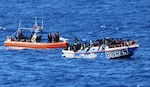 A law enforcement boat crew from Coast Guard Cutter Seneca (WMEC 906) intercepts an overloaded vessel with Haitian aliens approximately 35 miles north of Cap-Haitien, Haiti, Mar. 27, 2025. The aliens were repatriated back to Cap-Haitien, Haiti, April 1, 2025 following the interdiction. (U.S. Coast Guard phot