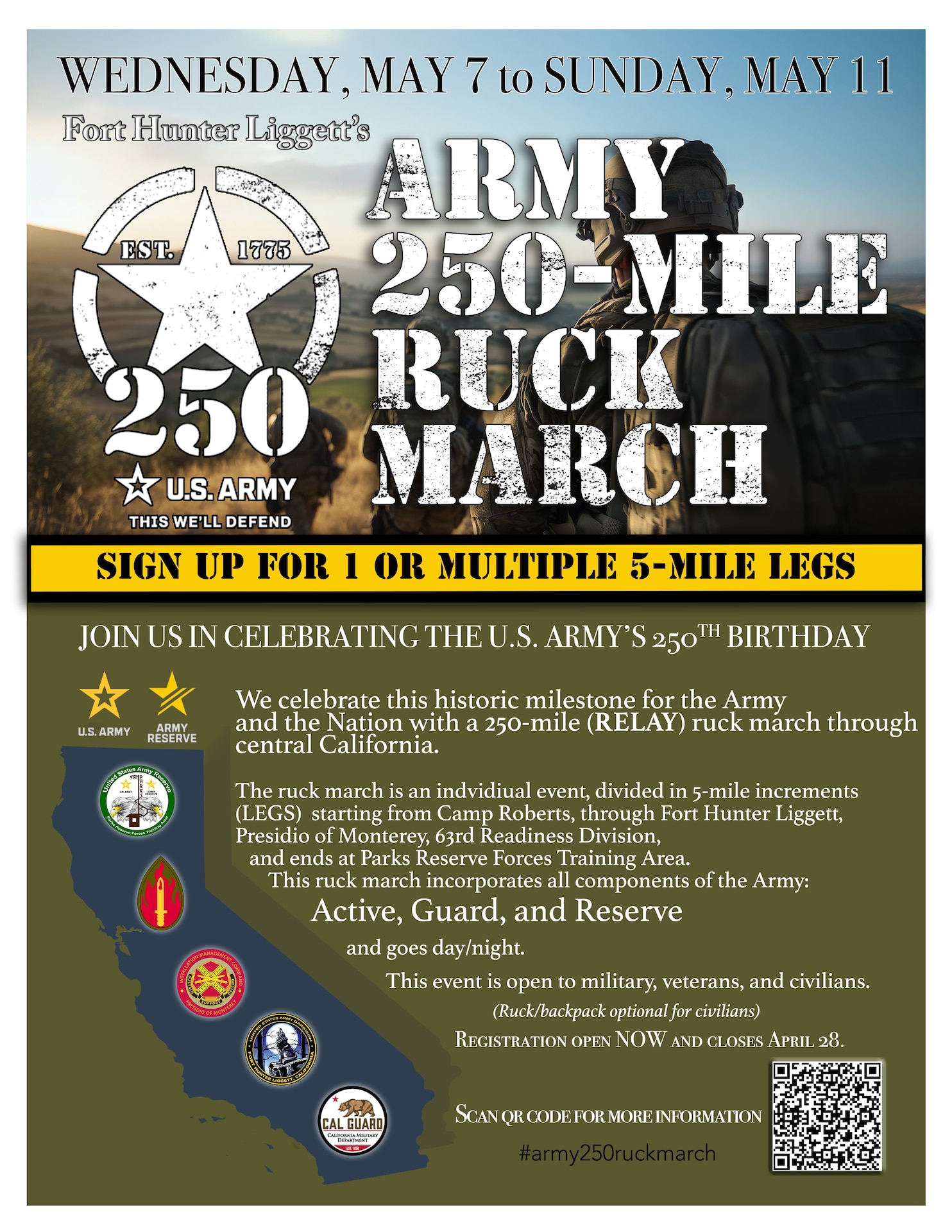 Honoring 250 years, one mile at a time: Fort Hunter Liggett celebrates the Army’s birthday with a 250-Mile ruck march