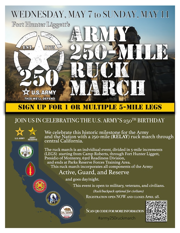 Honoring 250 years, one mile at a time: Fort Hunter Liggett celebrates the Army’s birthday with a 250-Mile ruck march