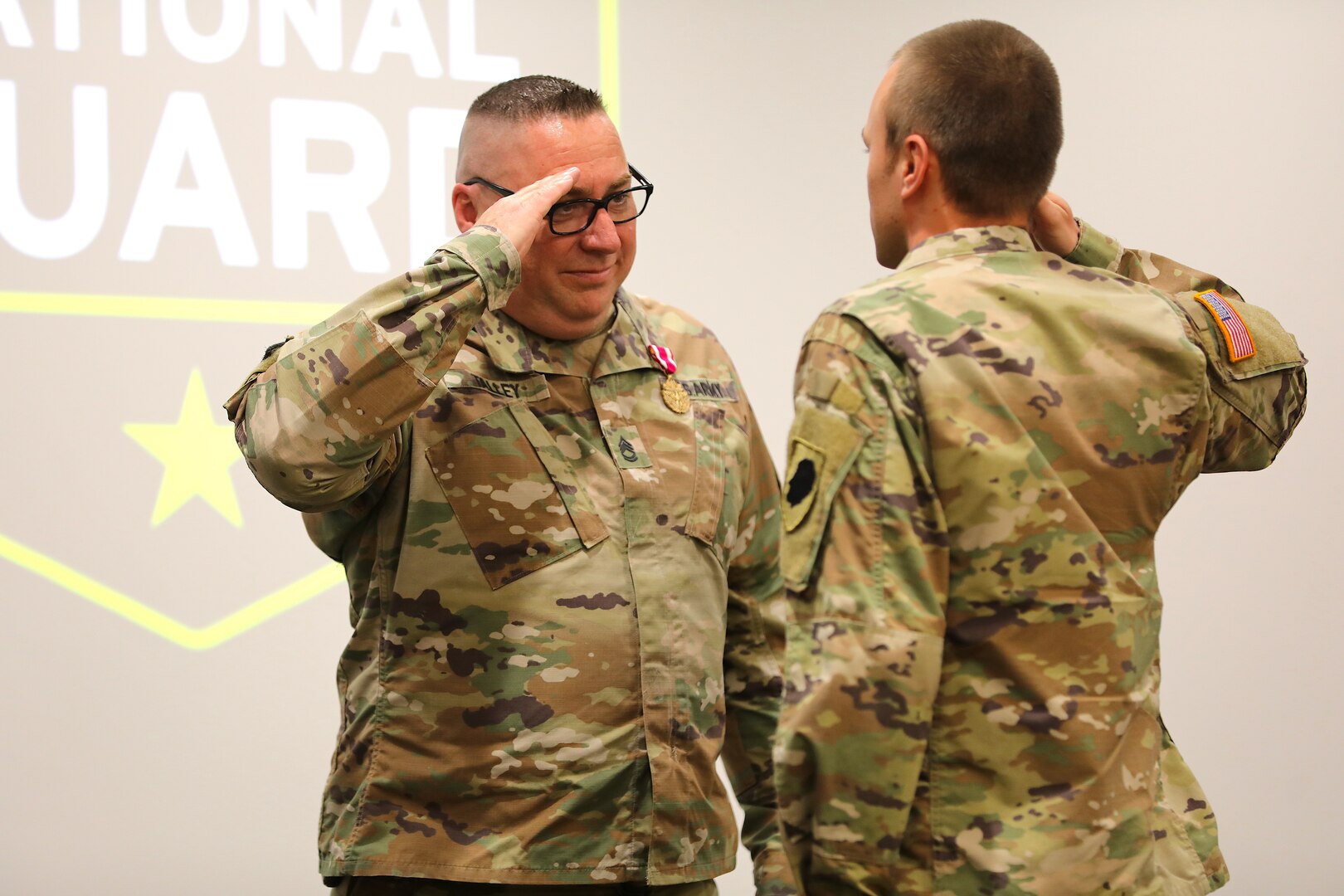 Sgt. 1st Class Britt Talley renders a final salute to his son, Warrant Officer 1 Cody Talley, during his retirement ceremony April 18 at Camp Lincoln in Springfield, Illinois. The emotional moment marked the close of Britt Talley’s 31-year career with the Illinois Army National Guard and celebrated a legacy of service continued by the next generation.
(U.S. Army photo by 2nd Lt. Trenton Fouche, Joint Force Headquarters – Illinois National Guard)