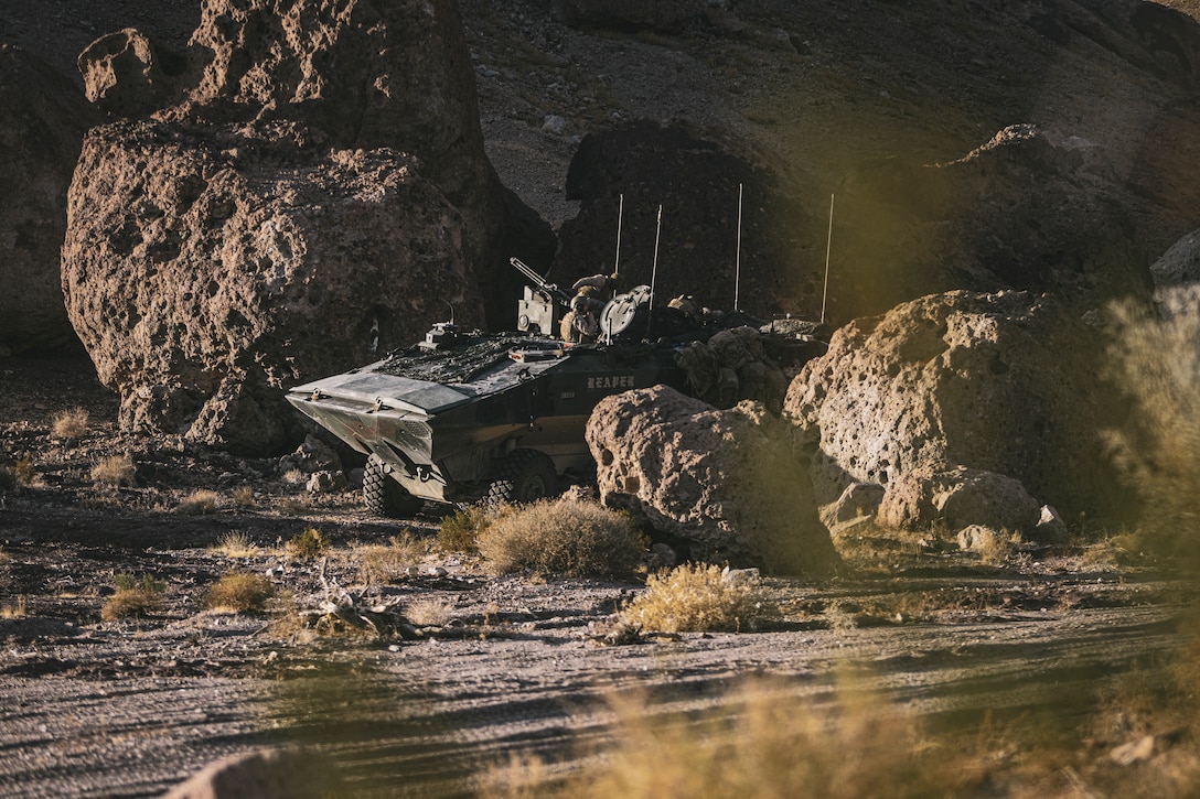 A U.S. Marine Corps Amphibious Combat Vehicle is staged in a defensive posture during Marine Air-Ground Task Force Warfighting Exercise as part of Service Level Training Exercise 1-25 at Marine Corps Air-Ground Combat Center, Twentynine Palms, California, Feb. 21, 2025. MWX is a comprehensive training event designed to enhance the operational readiness and combat effectiveness of all MAGTF elements by simulating complex and dynamic battle scenarios while refining tactics and coordination to ensure we are prepared to dominate any adversary in a contested environment. (U.S. Marine Corps photo by Lance Cpl. Enge You)