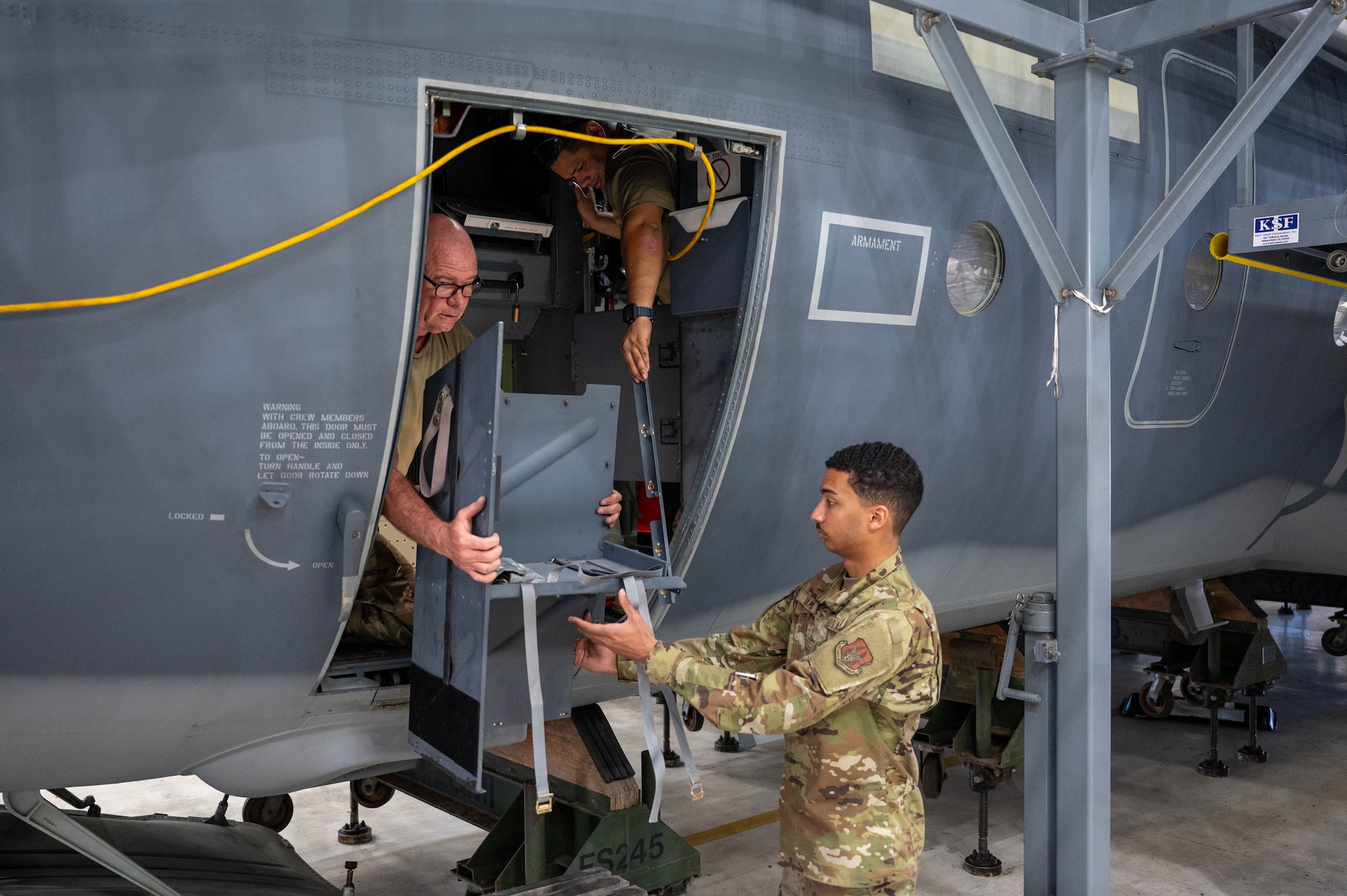 Maintainers from the 920th Maintenance Squadron conduct a letter B isochronal inspection for a 39th Rescue Squadron HC-130J Combat King II aircraft