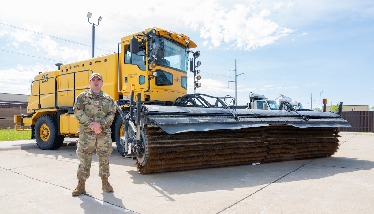 Tech. Sgt. Derrick Fisher, 509th Civil Engineer Squadron pavements and equipment shop section chief, poses for a photo on Whiteman Air Force Base, Mo. April 22, 2025. Fisher was recently named the Eighth Air Force Noncommissioned Officer of the Year. This prestigious award recognizes his outstanding leadership, dedication, and exceptional performance over the past year. (U.S. Air Force photo by Senior Airman Bryson Sherard)