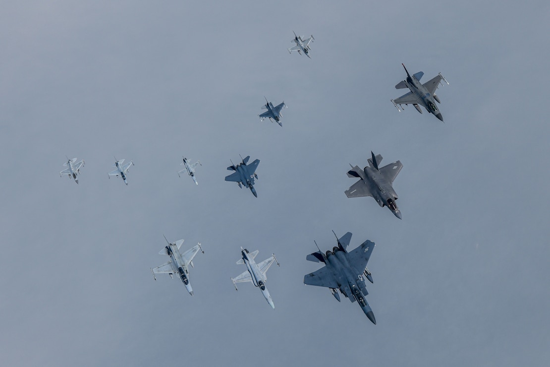 Eleven military aircraft of varying sizes fly in formation against a grey sky.