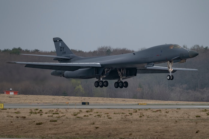 A B-1B Lancer assigned to Dyess Air Force Base, Texas, lands at Misawa Air Base, Japan, during Bomber Task Force 25-2, April 18, 2025.