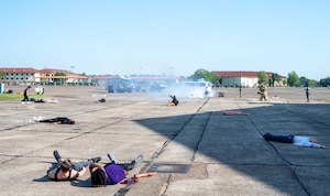 U.S. Airmen from the 42nd Air Base Wing take part in a MAXFORCE exercise to simulate a downed aircraft incident at Maxwell Air Force Base, Alabama, April 17, 2025.