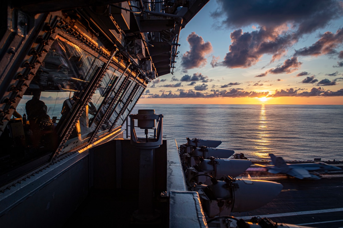 An F/A-18E Super Hornet from the “Blue Diamonds” of Strike Fighter Squadron (VFA) 146 launches from the flight deck of the aircraft carrier USS Nimitz (CVN 68) in the Pacific Ocean, April 22, 2025.