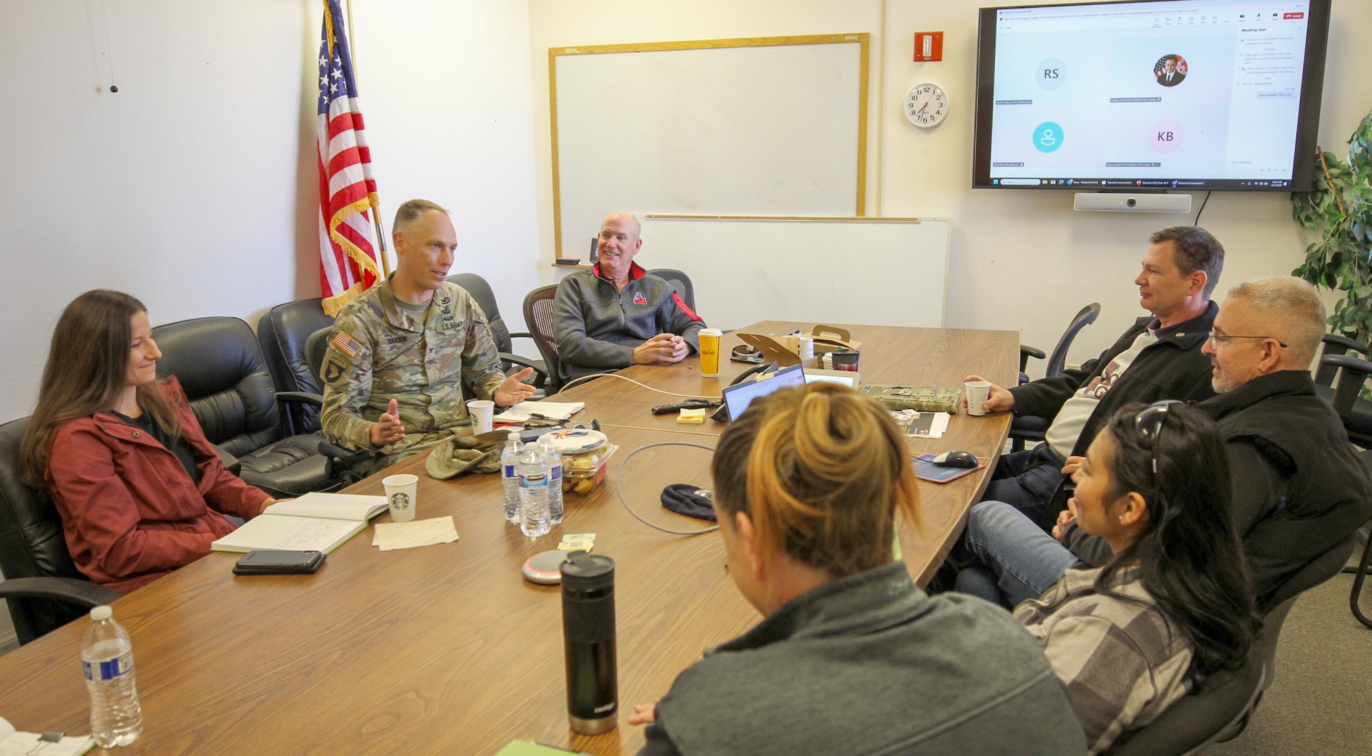 Col. Andrew Baker, U.S. Army Corps of Engineers Los Angeles District commander, second from left, meets with the district’s Edwards Resident Office team April 3 at Edwards Air Force Base, California.