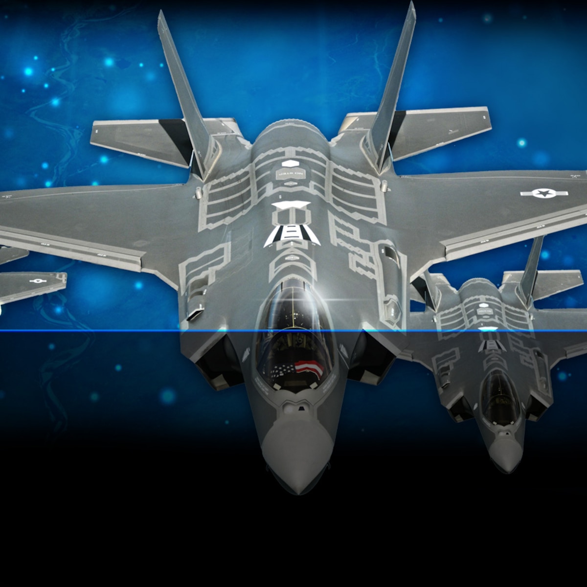 Modified illustration by Thomasa Huffstutler. Images: F35 fighter planes U.S. Air Force photo by Staff Sgt. Madelyn Brown. Glitter stock background © k_e_n/stock.adobe.com [image is not public domain].