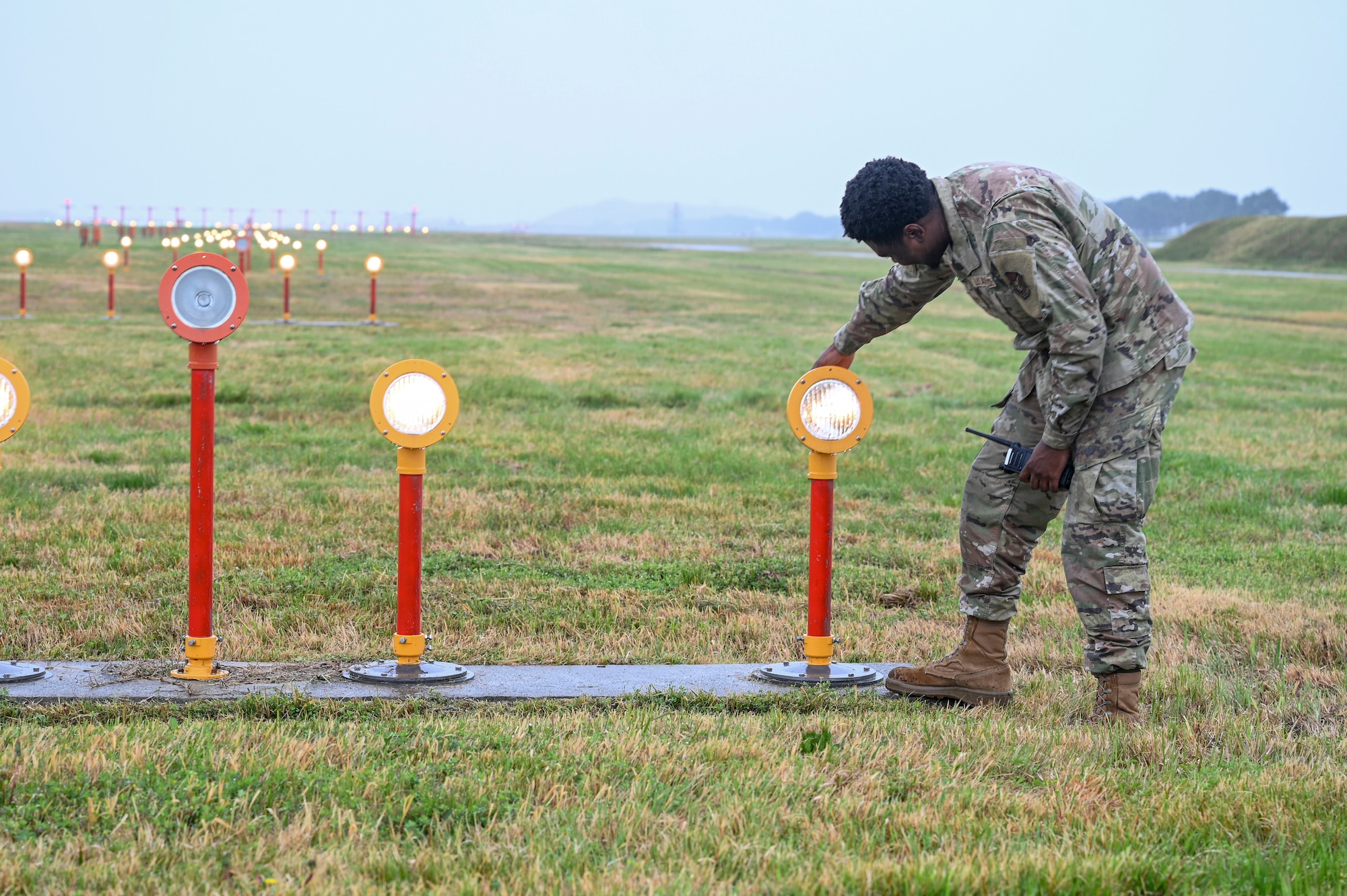 Senior Airman Morisse Daniels, 8th Operations Support Squadron airfield management operations supervisor, performs an approach lighting check during Freedom Flag 25-1 at Kunsan Air Base, Republic of Korea, April 22, 2025.