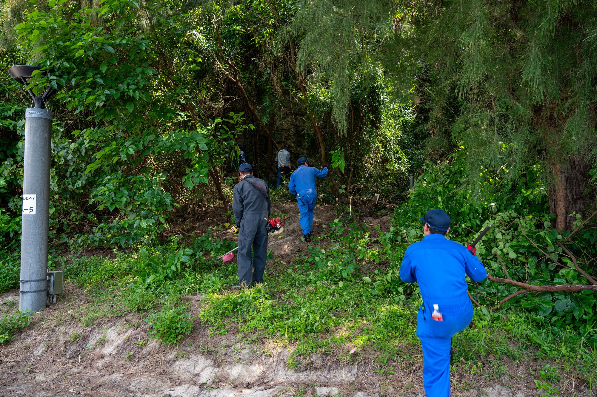 Service members and civilians cut grass.
