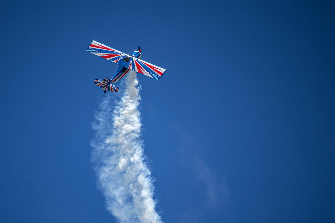 RJ Gritter, Decathlon pilot, performs his aerobatic routine during the 2025 Beaufort Airshow at Marine Corps Air Station Beaufort, South Carolina, April 12, 2025. Gritter earned a bachelor’s degree in Aerospace Engineering from North Carolina State University and his aircraft, a Decathlon, is an upgraded performance plane with inverted fuel systems, inverted oil systems, and nearly symmetrical wings that allow outside and inverted maneuvers. (U.S. Marine Corps photo by Cpl. Sean LeClaire)