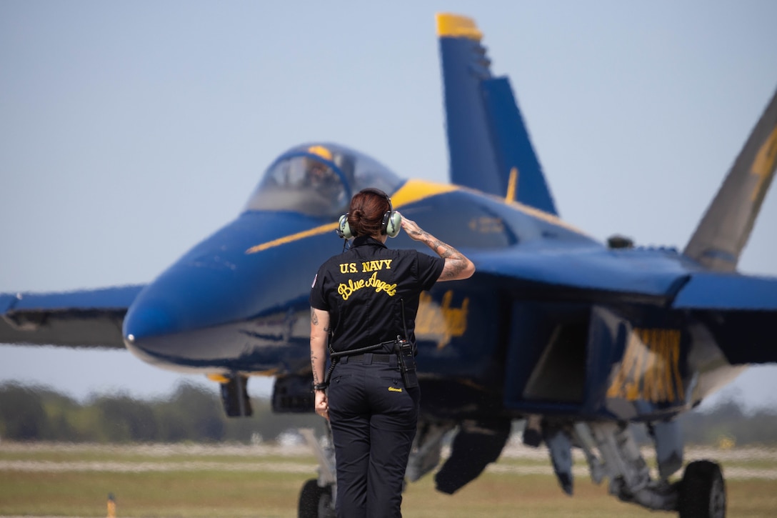 The U.S. Navy Flight Demonstration Team, the Blue Angels, prepare to perform aerobatic maneuvers for spectators at the 2025 Beaufort Airshow at Marine Corps Air Station Beaufort, South Carolina, April 13, 2025. The mission of the Blue Angels is to showcase the pride and professionalism of the United States Navy and Marine Corps by inspiring a culture of excellence and service to the country through flight demonstrations and community outreach. (U.S. Marine Corps photo by Lance Cpl. Isabella Renaud)