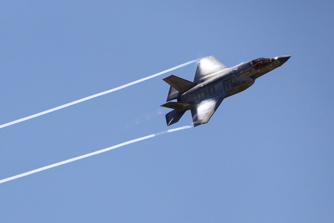 U.S. Marine Corps Maj. Matthew “Tiny” Johnson, F-35B pilot, Marine Fighter Attack Training Squadron 501, Marine Aircraft Group 31, 2nd Marine Aircraft Wing demonstrates the F-35B Lightning II’s capabilities during the 2025 Beaufort Airshow at Marine Corps Air Station (MCAS) Beaufort, South Carolina, April 13, 2025. The F-35B demo showcases the professional qualities that the Marine Corps develops in the people who fly, maintain, and support these fifth-generation aircraft. MCAS Beaufort hosts the air show to bring the community together and demonstrate U.S. Navy and Marine Corps Aviation Combat Element and Marine Air-Ground Task Force capabilities. (U.S. Marine Corps photo by Cpl. Delilah M. Romayor)