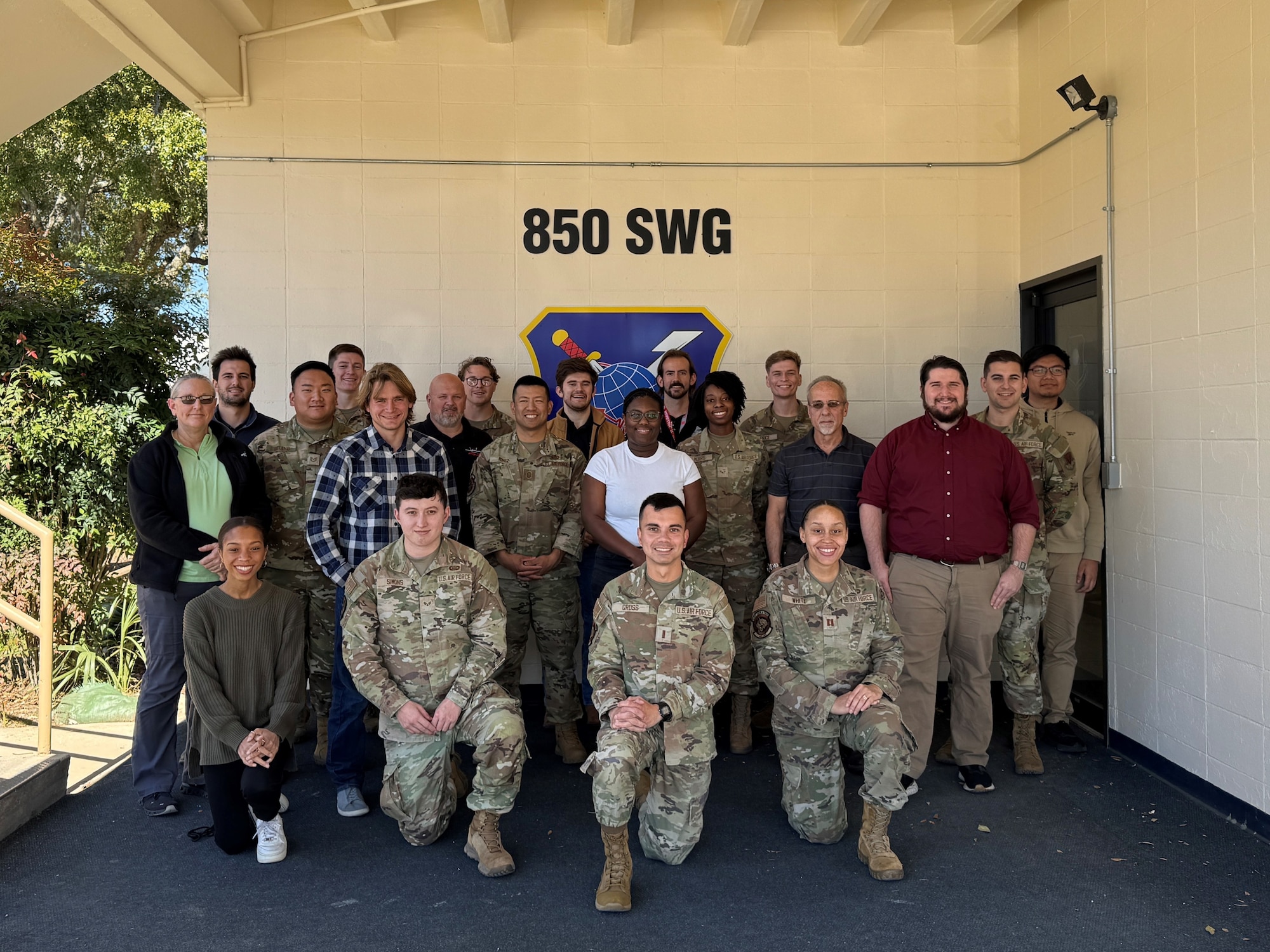 Members assigned to the 350th Spectrum Warfare Wing pose for a photo after completing the wing's newly unveiled week-long course, Intro to Electromagnetic Spectrum Operations (I-EMSO), at Eglin Air Force Base, Florida, Feb. 28, 2025. I-EMSO is an internal course aimed at enhancing understanding of the electromagnetic spectrum and its crucial role in modern warfare. (U.S. Air Force photo by Senior Airman Anna Smith)
