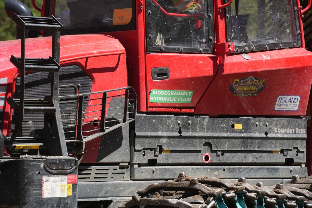 A “biodegradable hydraulic fluid” sticker is visible on a debris removal vehicle operated by a U.S. Army Corps of Engineers contractor along the Toe River in western North Carolina, April 15, 2025. The environmentally friendly fluid helps ensure that any potential hydraulic leaks do not harm the surrounding area as Hurricane Helene debris cleanup continues across the region.