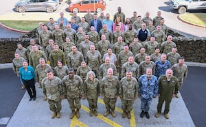 Leaders from across the U.S. Space Force's service components, sister services, and key defense stakeholders gather for a group photo at the inaugural Space Component Commanders Forum on Joint Base Peral Harbor-Hickam, Hawaii, April 16, 2025. Hosted by U.S. Space Forces Indo-Pacific, the 4-day forum brought together over 60 participants and focused on enhancing joint force lethality, accelerating innovation, and strengthening partnerships in the space domain. (Courtesy photo)