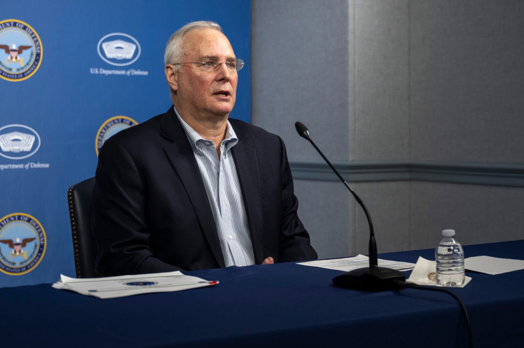 John Garstka, director for cyber warfare within the Office of the Deputy Assistant Secretary of Defense for Platform and Weapon Portfolio Management, delivers a virtual keynote address from the Pentagon at the Space System Command Cyber Expo, April 22, 2025.