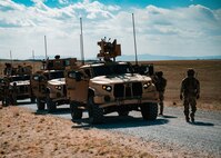 A 91st Missile Security Operations Squadron convoy prepares to participate in the Nuclear Convoy Course at Camp Guernsey Joint Training Center’s South Training Area, Wyoming, April 9, 2025. The week-long exercise tested 91 MSOS Convoy Response Force defenders with threat-based scenarios while integrating the Grey Wolf to support 91st Missile Wing security operations. (U.S. Air Force photo by Staff Sgt. Michael A. Richmond)