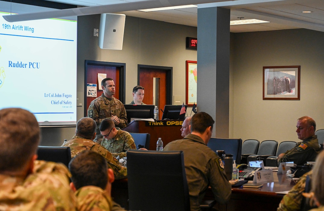 Lt. Col. John Fugate, 19th Airlift Wing chief of safety, speaks during led the C-130J Super Hercules Weapons System Council (WSC) at Little Rock Air Force Base, Arkansas, April 10, 2025. By advancing innovation and integration, the WSC aimed to strengthen the C-130 community’s ability to deliver lethal, multi-domain combat power—anywhere, anytime.