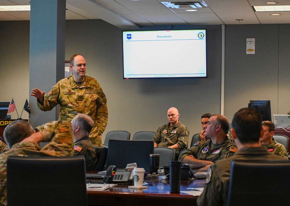 Col. Denny Davies, 19th Airlift Wing and installation commander, speaks during the C-130J Super Hercules Weapons System Council at Little Rock Air Force Base, Arkansas, April 10, 2025. The event brought together key leaders and subject matter experts from across 23 wings and the Total Force C-130J enterprise to coordinate future operations, training, and modernization efforts in support of Rapid Global Mobility.