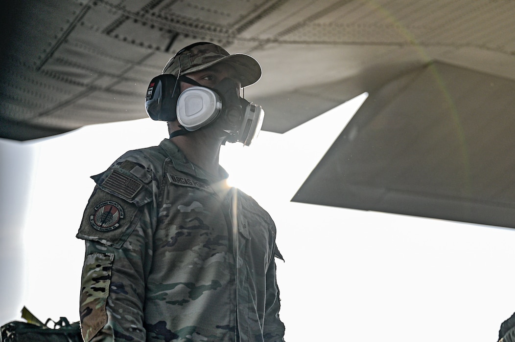 Senior Airman Ivan Vargas Ponce, 19th Logistics Readiness Squadron aerial delivery specialist, loads cargo for the C-130J Super Hercules Weapons System Council formation flight at Little Rock Air Force Base, Arkansas, April 11, 2025. The exercise challenged crews to plan and execute missions under simulated contested conditions, encouraging the development of mission-ready Airmen trained to fly, fix, and support in combat.