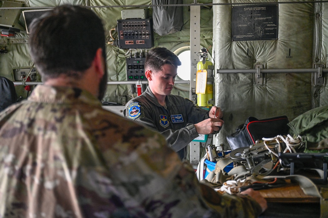 Staff Sgt. John Allum, 62nd Airlift Squadron standardization and evaluation noncommissioned officer, secures cargo for the C-130J Super Hercules Weapons System Council formation flight at Little Rock Air Force Base, Arkansas, April 11, 2025. As part of the council’s scenario-driven approach, aircrew also engaged in a combat simulation designed by the 19th Operations Support Squadron intelligence and crew communications flights.