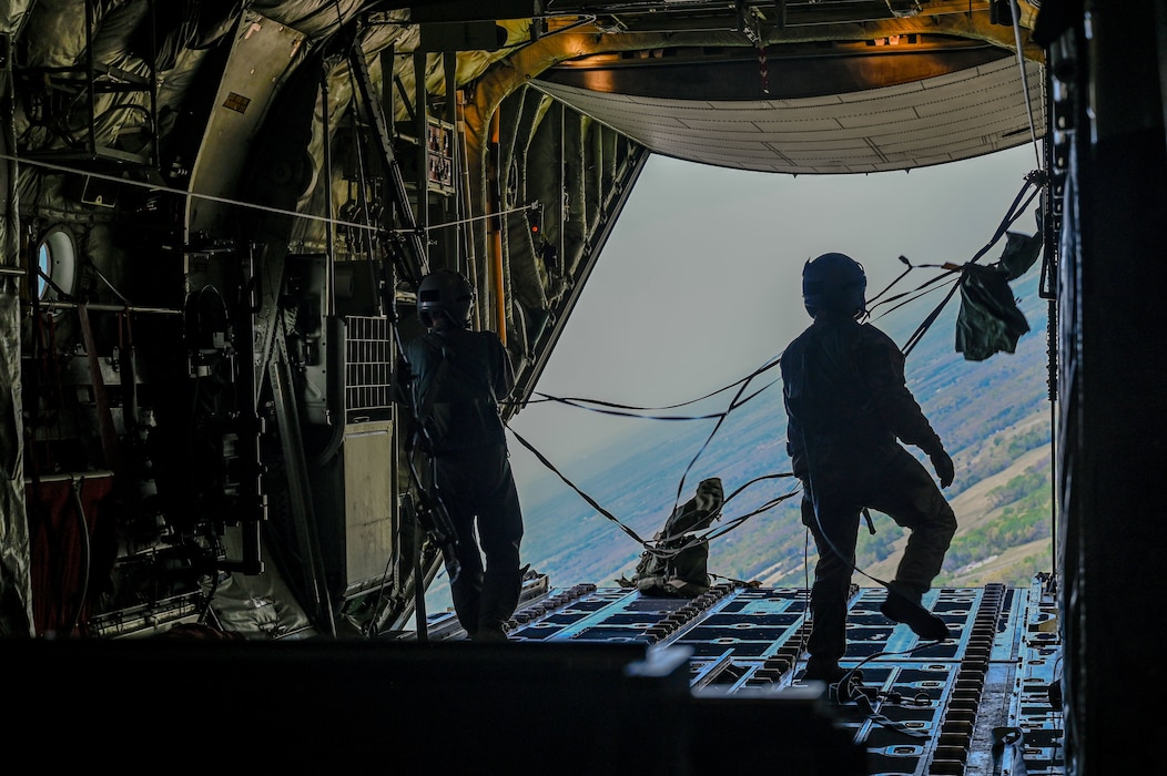 Team Little Rock Airmen drop cargo during the C-130J Super Hercules Weapons System Council formation flight at Little Rock Air Force Base, Arkansas, April 11, 2025. The exercise challenged crews to plan and execute missions under simulated contested conditions, encouraging the development of mission-ready Airmen trained to fly, fix, and support in combat.