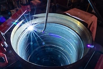 An automated BOA-550 Welding Machine welds inside a rudder bore mock-up April 9, 2025, at Puget Sound Naval Shipyard & Intermediate Maintenance Facility in Bremerton, Washington. (U.S. Navy photo by Jeb Fach)