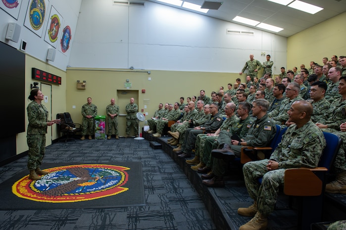 Vice Adm. Nancy Lacore, Chief of Navy Reserve, addresses Sailors at the Navy Reserve Operational Level of War (OLW) Center of Excellence during Exercise MAKO Global 2025 onboard Naval Amphibious Base Coronado, April 10.