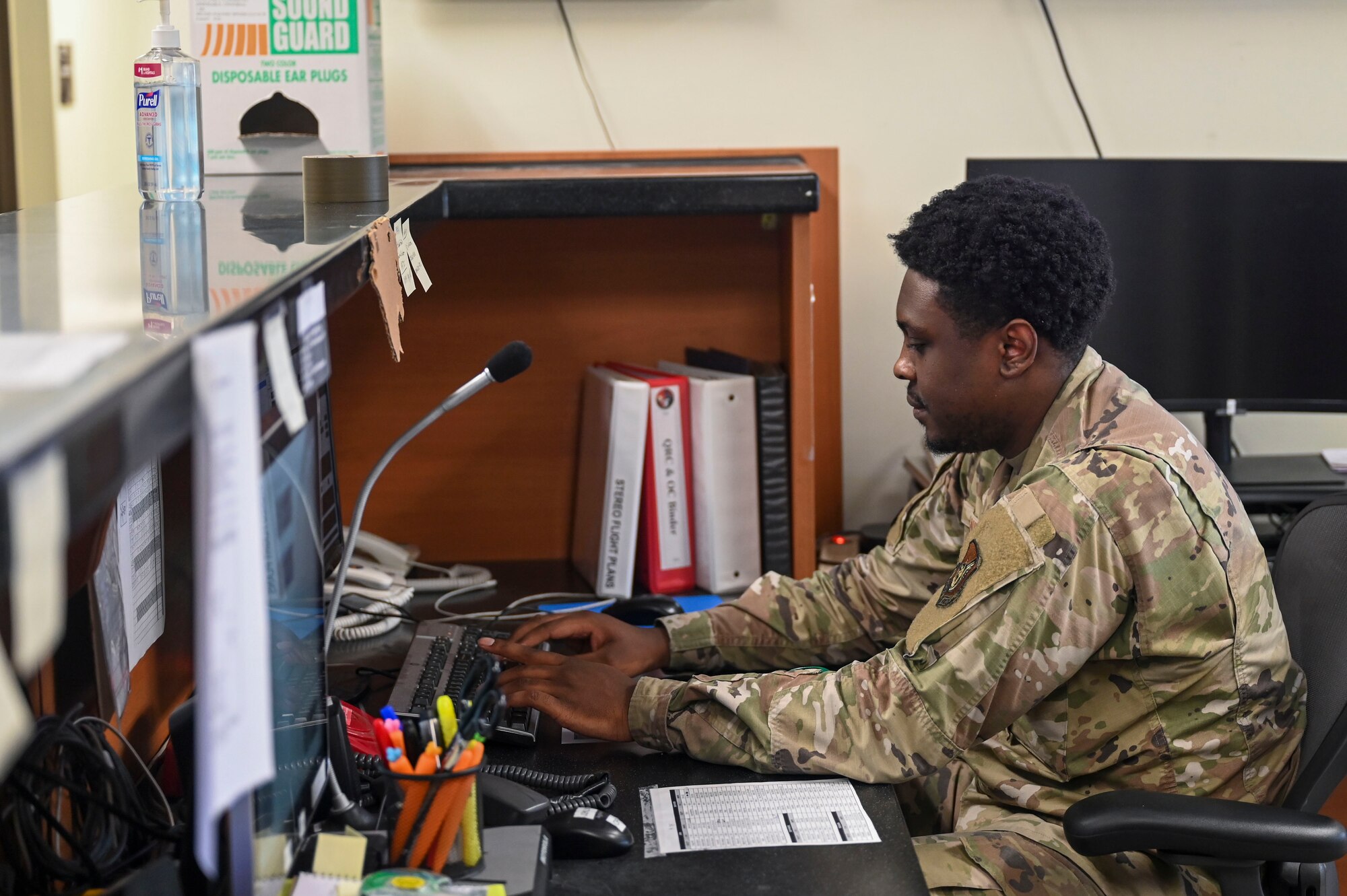 Senior Airman Morisse Daniels, 8th Operations Support Squadron airfield management operations supervisor, enters information into a flight data terminal for Freedom Flag 25-1 at Kunsan Air Base, Republic of Korea, April 22, 2025.