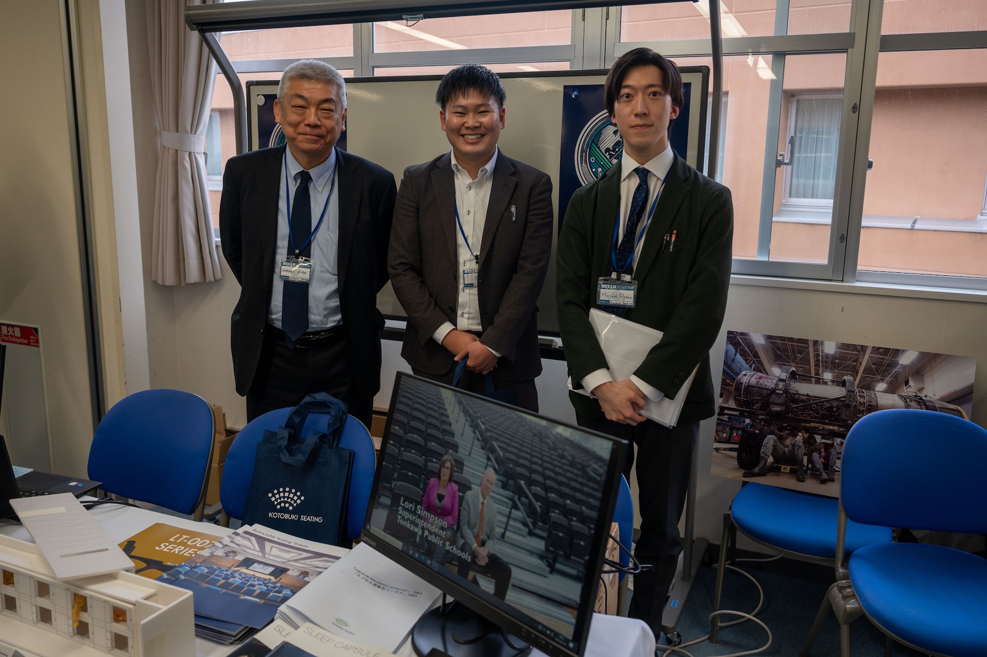 Representatives from a local Japanese company pose for a photo during Industry Day at Misawa International Center, April 18, 2025. The event aimed to strengthen partnerships between the 35th Fighter Wing and the regional business community by offering guidance on how to compete for government contracts. (U.S. Air Force photo by Senior Airman William Rodriguez)