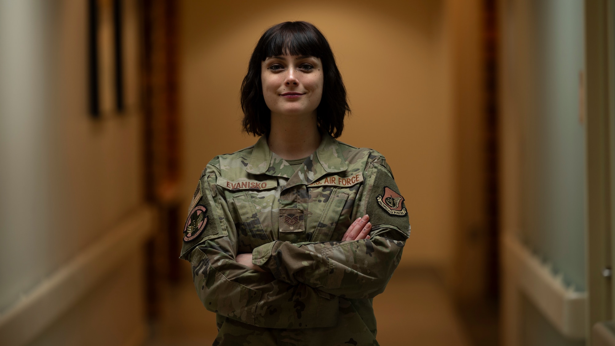 U.S. Air Force Staff Sgt. Maegan Evanisko, 51st Operational Medical Readiness Squadron aerospace medical technician, poses for a photo at Osan Air Base, Republic of Korea, April 22, 2025. Evanisko was recognized as Mustang of the Week for her commitment to patient care and supporting the medical readiness of active duty personnel. (U.S. Air Force photo by Senior Airman Rome Bowermaster)