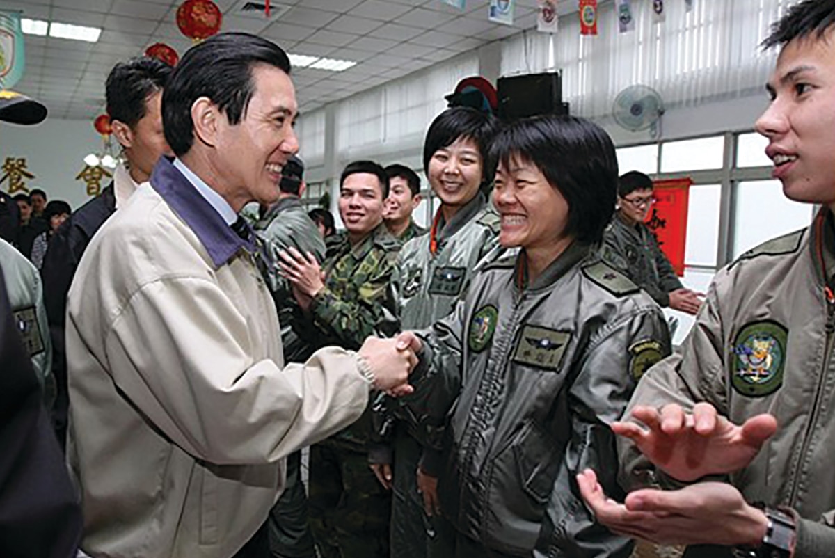 Then-President Ma Ying-jeou meeting with personnel of the ROC Air Force 601st Brigade at a 2010 Lunar New Year reception, 13 February 2010.