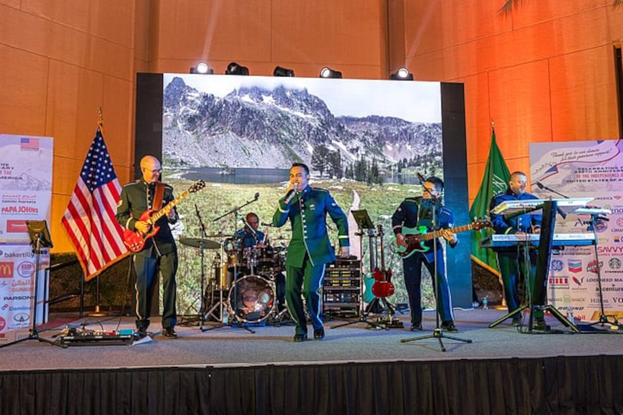 The U.S. Air Forces Central Band performs during the 249th celebration of U.S. Independence at U.S. Embassy in Riyadh, April 22, 2025. The AFCENT Band travels throughout the U.S. Central Command area of responsibility to bolster AFCENT priorities by building international partnerships, strengthening intergovernmental alliances and furthering military diplomacy. (Courtesy Photo)