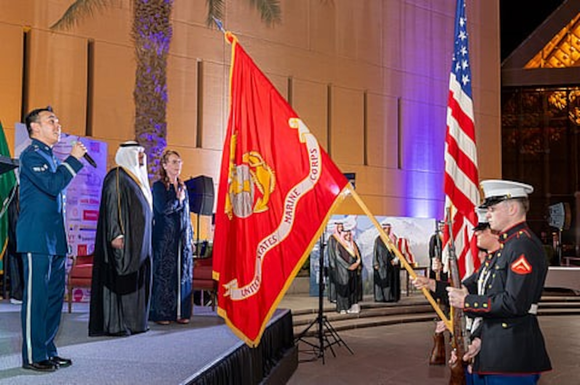 The U.S. Air Forces Central Band performs during the 249th celebration of U.S. Independence at U.S. Embassy in Riyadh, April 22, 2025. The AFCENT Band travels throughout the U.S. Central Command area of responsibility to bolster AFCENT priorities by building international partnerships, strengthening intergovernmental alliances and furthering military diplomacy. (Courtesy Photo)
