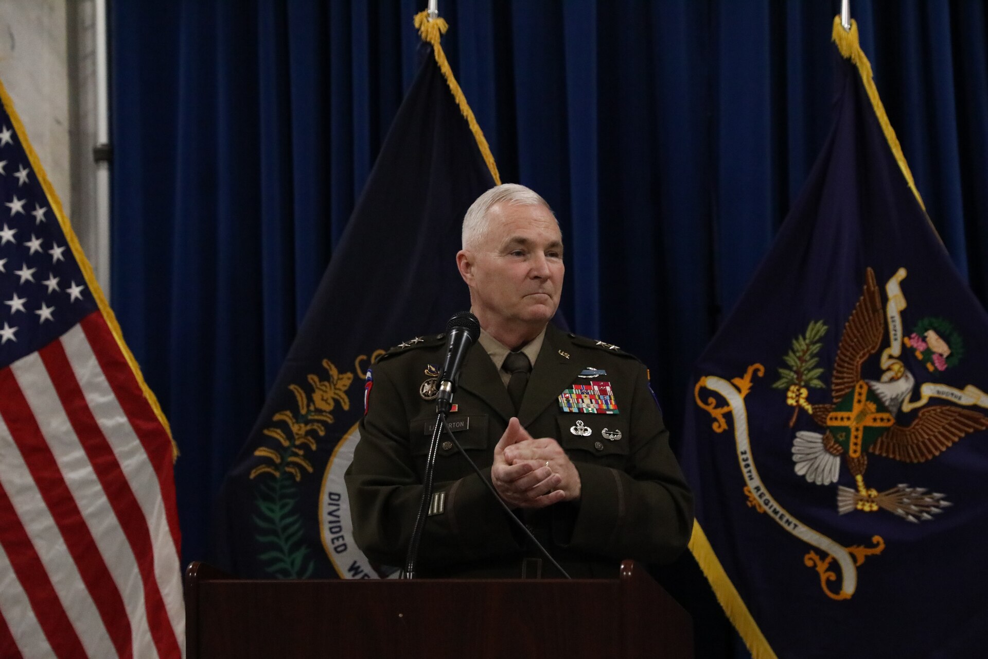 U.S. Army Maj. Gen. Haldane Lamberton, adjutant general for Kentucky, addresses Officer Candidate School graduates and their families at the capitol rotunda in Frankfort, Kentucky, April 12, 2025.
