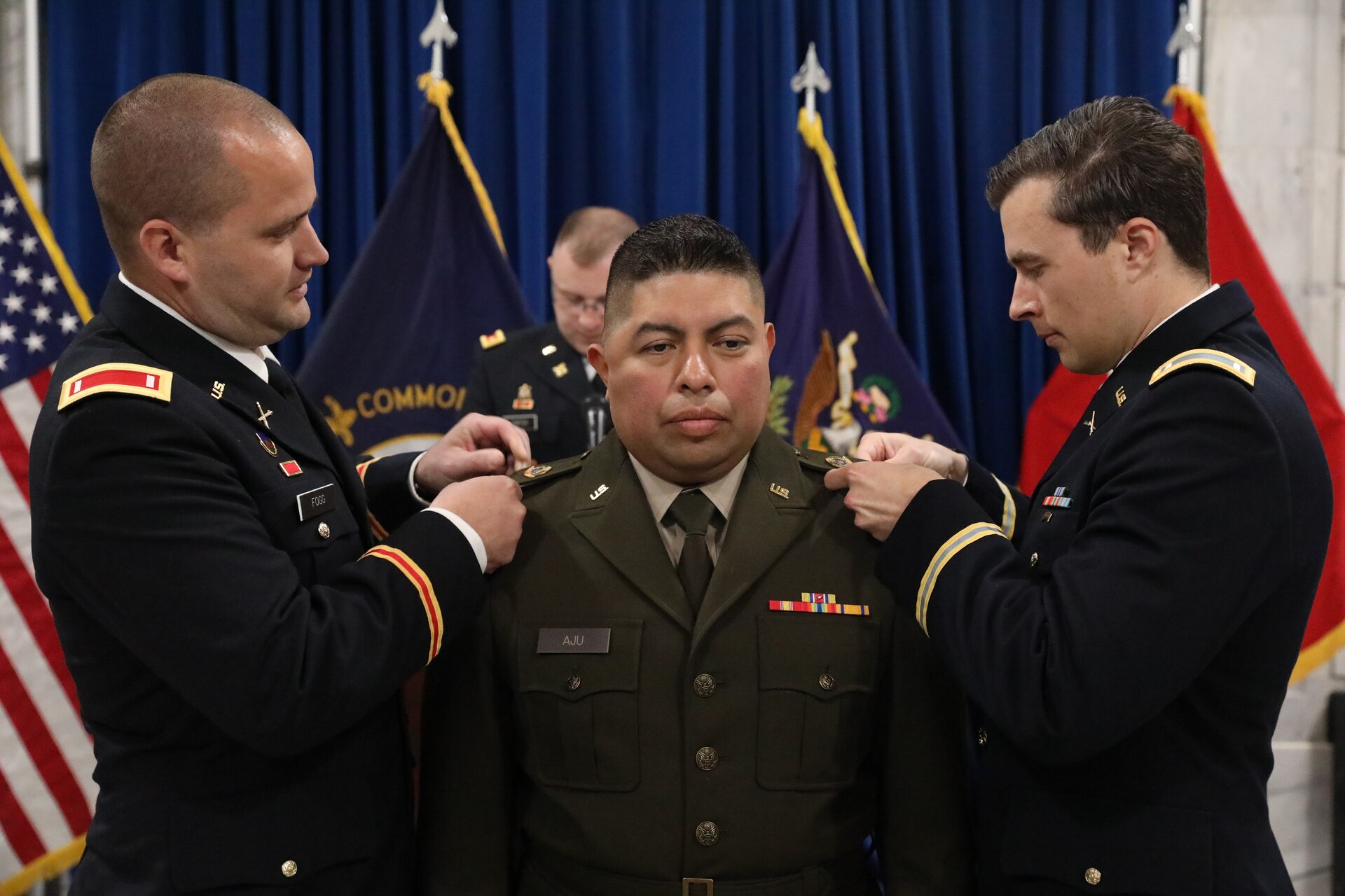 U.S. Army 2nd Lt. Luis Aju was pinned by 1st. Lt. Kyle Fogg and 1st Lt. Dustin McKie at the Capitol Rotunda in Frankfort, Kentucky, April 12th, 2025.