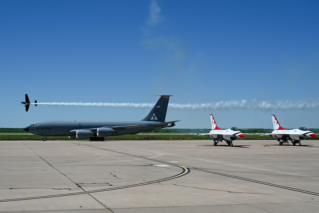A U.S. Air Force KC-135 Stratotanker assigned to the 54th Air Refueling Squadron taxis down the flightline after performing at the Wings Over West Texas Air Show at Dyess Air Force Base, Texas, April 20, 2025. The performance showcased the Air Force’s ability to extend global reach through aerial refueling and rapid mobility operations. (U.S. Air Force photo by Airman 1st Class Jonah Bliss)