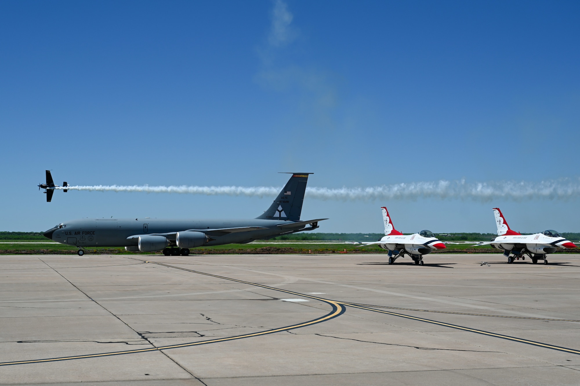A U.S. Air Force KC-135 Stratotanker assigned to the 54th Air Refueling Squadron taxis down the flightline after performing at the Wings Over West Texas Air Show at Dyess Air Force Base, Texas, April 20, 2025. The performance showcased the Air Force’s ability to extend global reach through aerial refueling and rapid mobility operations. (U.S. Air Force photo by Airman 1st Class Jonah Bliss)
