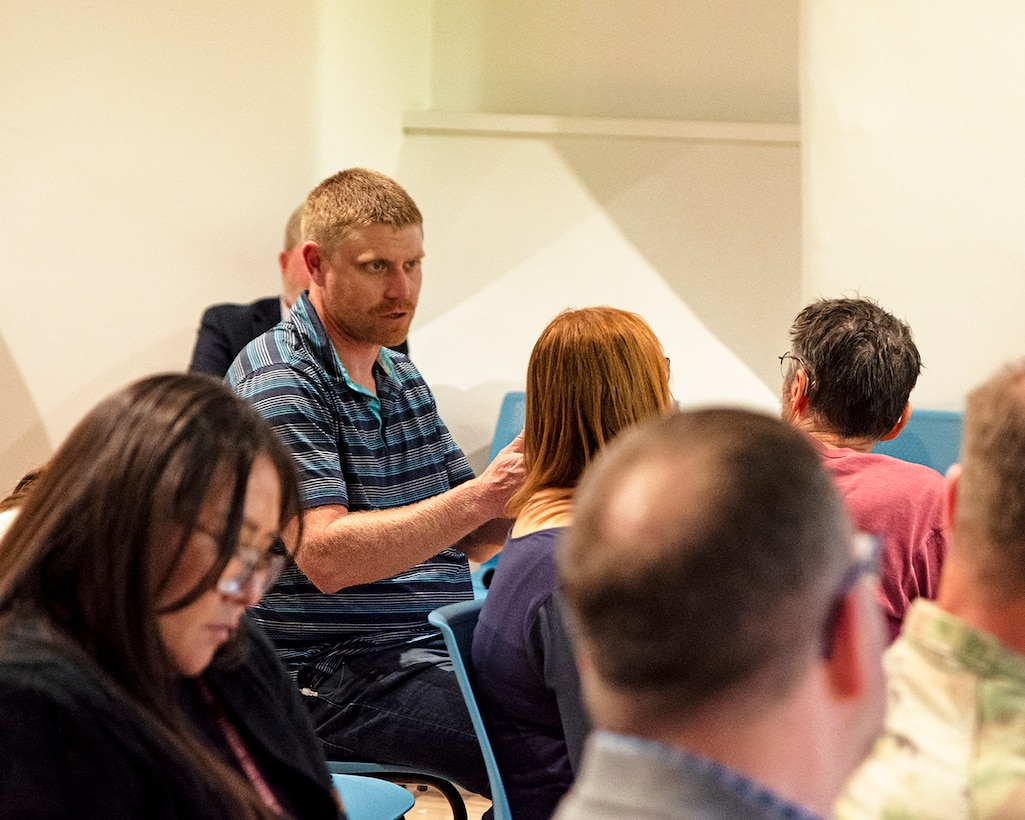 Jeremy Decker, tribal liaison, USACE-Albuquerque District, discusses archeological details with USACE and Pueblo of Isleta staff during the kick-off meeting for the cultural preservation study of the pueblo’s historic Pottery Mound site, April 7, 2025.