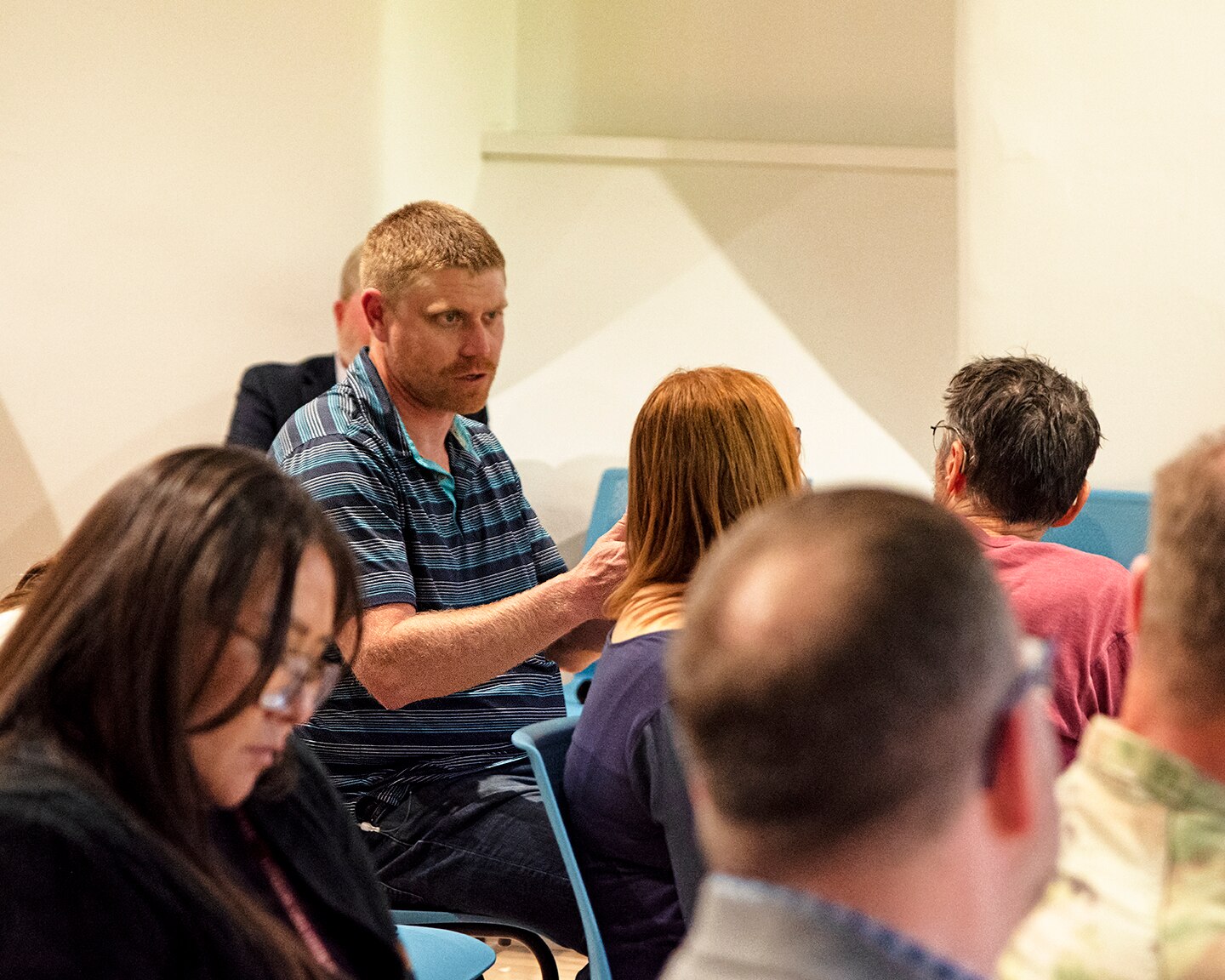 Jeremy Decker, tribal liaison, USACE-Albuquerque District, discusses archeological details with USACE and Pueblo of Isleta staff during the kick-off meeting for the cultural preservation study of the pueblo’s historic Pottery Mound site, April 7, 2025.